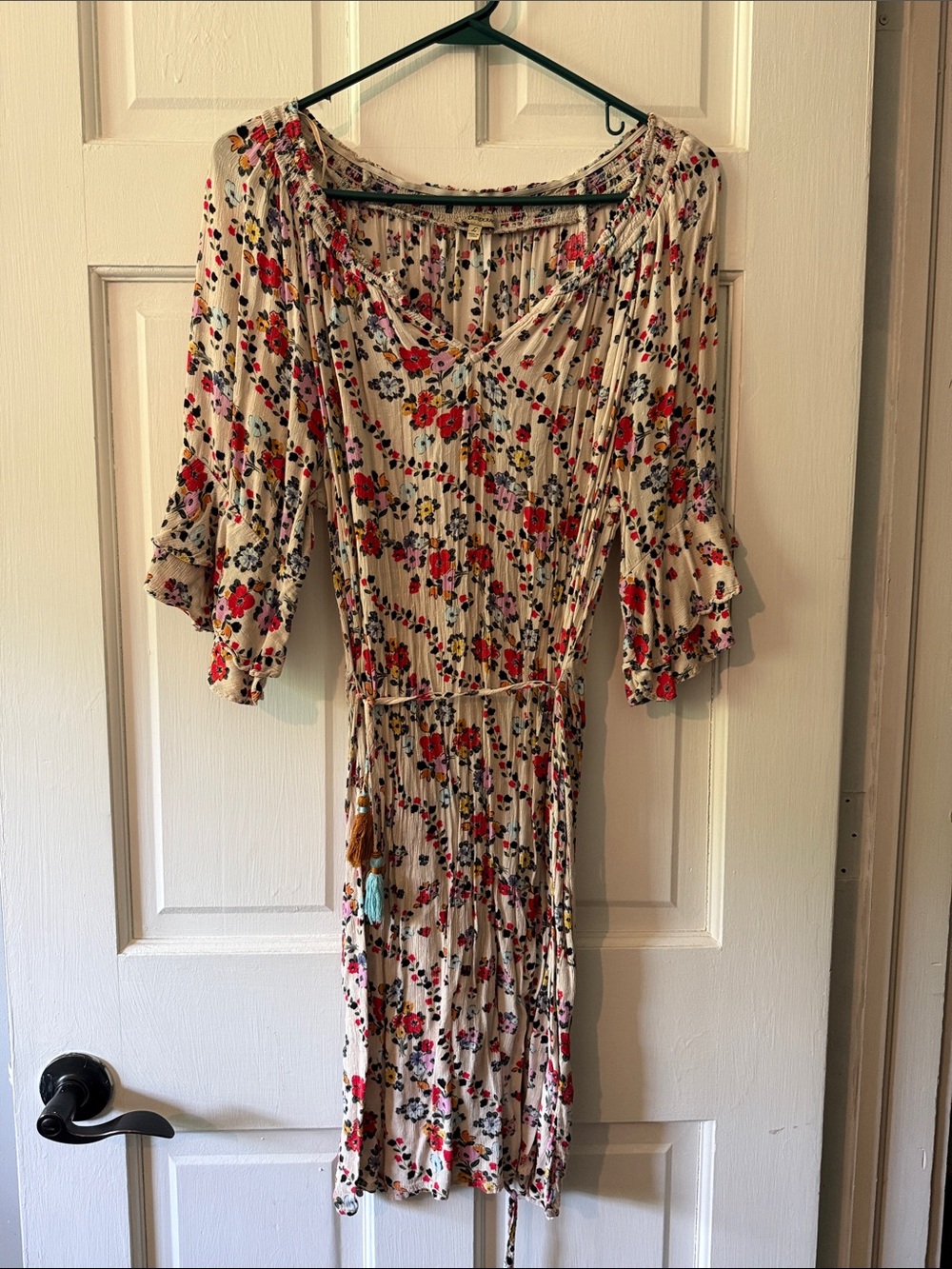 Democracy Cream Floral Midi Dress with Red & Yellow Accents
